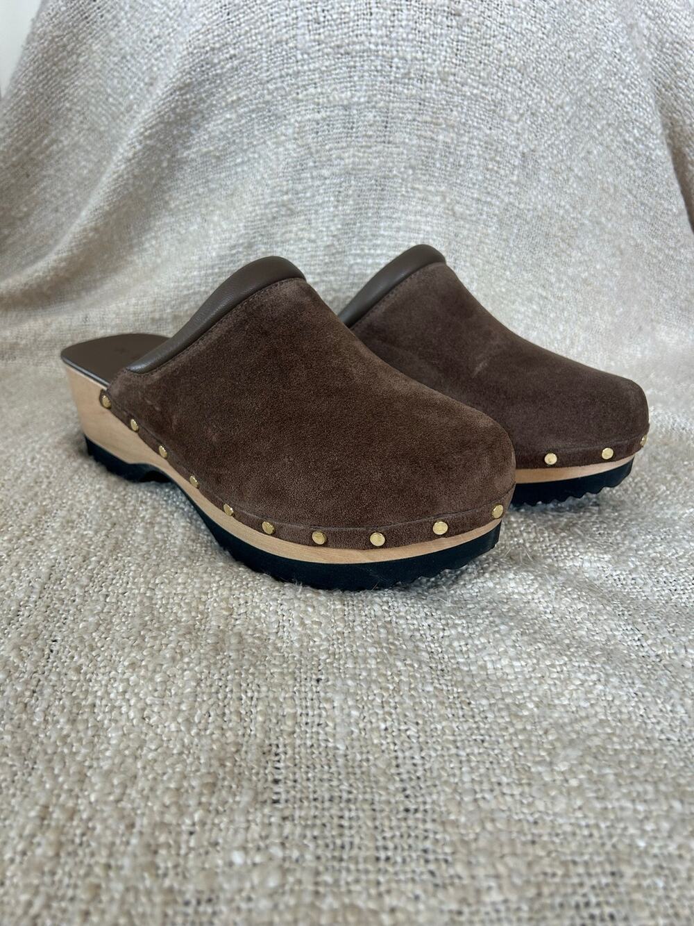 M Gemi Dark Taupe Brown Studded Wooden Platform Clog Size 41 US 10